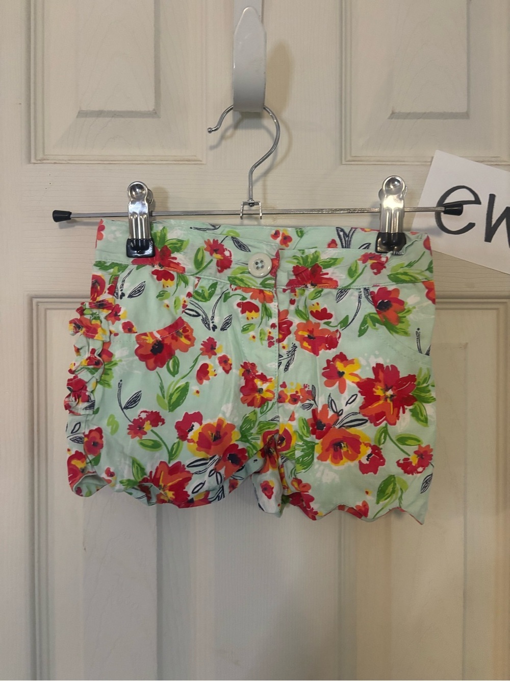 Ruffle Butts Mint Floral Scallop-Hem Shorts with Red & Orange Flowers